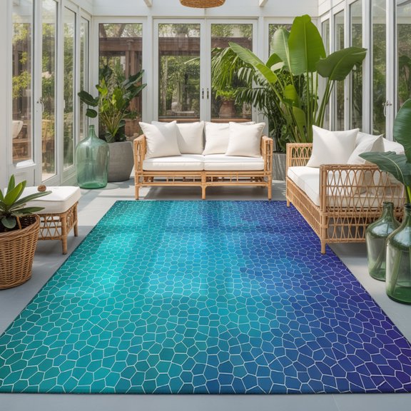 Navy Blue Teal Mosaic Washable Living Room Rugs 5'x8', Minimalist Abstract Hexagonal Grid Gradient Washable Throw Large Area Rug Non-Slip Sturdy Edge Binding Carpet for Living Area Kitchen Office