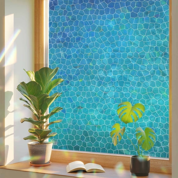 Navy Blue Teal Mosaic Window Privacy Film, Minimalist Abstract Hexagonal Grid Gradient Stained Glass Rainbow Film Decorative Window Clings, Static Cling Sun Blocking Stickers 23.6" x 59"
