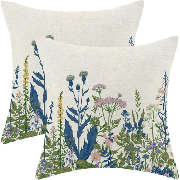 Navy Blue Teal Pillow Covers 16x16 Inch Set of 2, Spring Wildflower Plant Throw Pillows Case,Seasonal Floral Outdoor Decorative Flowers Farmhouse Decor Cushion Covers for Home Sofa Bed Couch