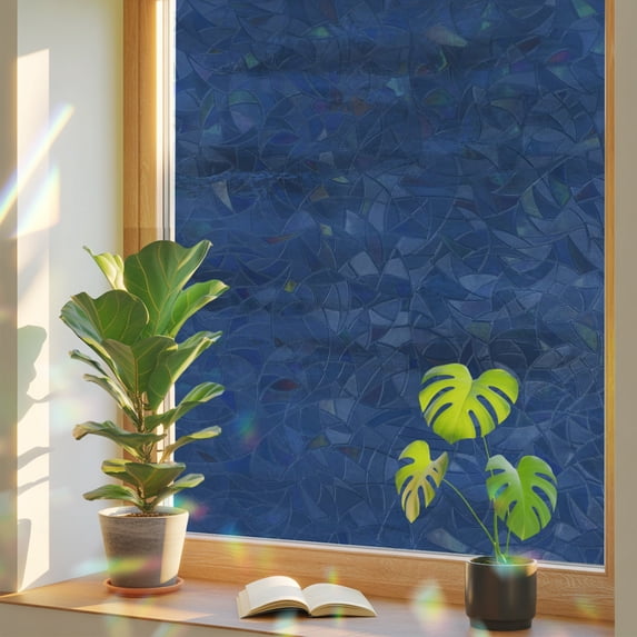Navy Blue Texture Window Privacy Film Rainbow Static Cling Stain Glass ...