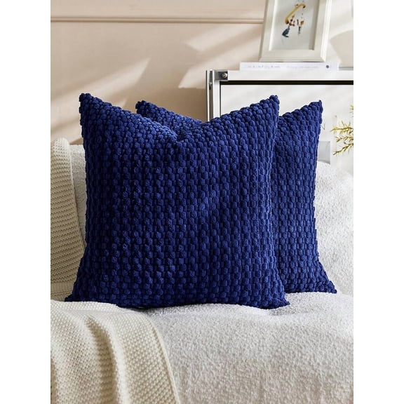 Navy Blue Textured Bobble Weave Throw Pillow Cover, Soft Plush Decorative Square Cushion Sham For Sofa Bed Living Room