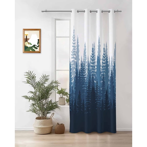 Navy Blue Thermal Insulated Blackout Curtains for Bedroom 90 Length Forest Nature Woodland Tree Misty Forest Silhouette Landscape Room Darkening Curtain 1 Panel Grommet Window Drape for Living Room