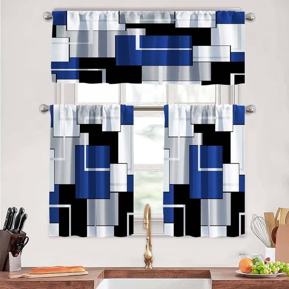 Navy Blue Thin Kitchen Curtains Tiers and Valances Set 3 Piece for Windows Geometric Modern Art Kitchen Window Curtains Set,Grey and Black Valances for Living Room(36" Tiers Set)
