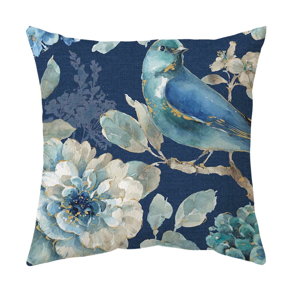 Navy Blue Throw Pillow Covers Summer Flower Bird Decorative 18x18 In ...