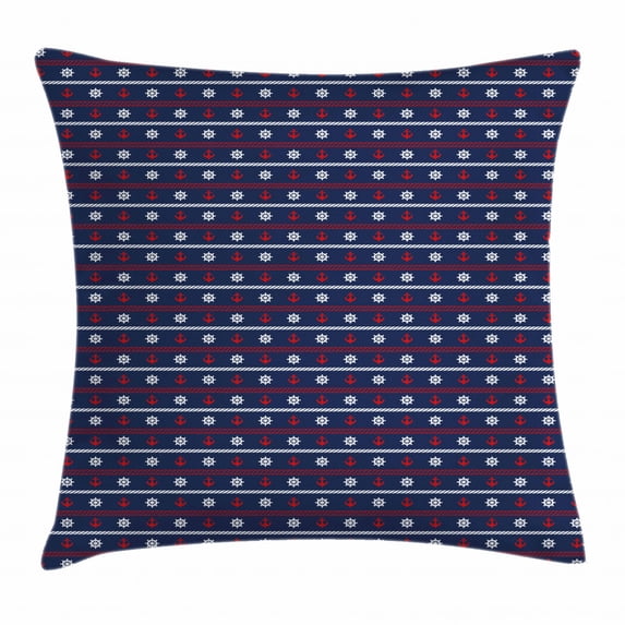Navy Blue Throw Pillow Cushion Cover, Horizontal Borders with Nautical Elements Marine Rope Anchor and Helm, Decorative Square Accent Pillow Case, 20 X 20 Inches, Red White Dark Blue, by Ambesonne