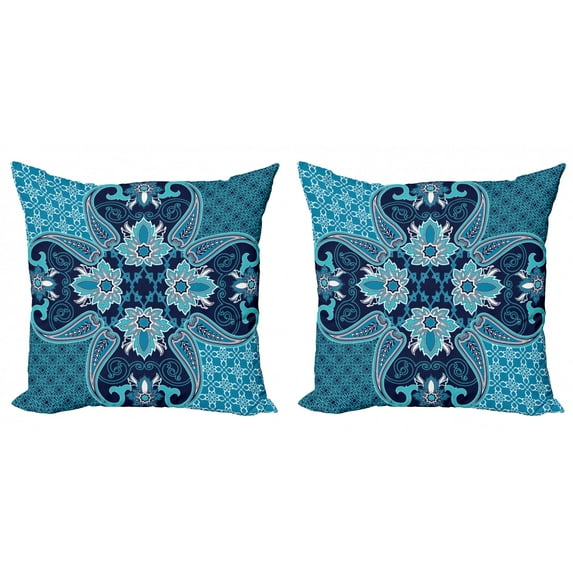 Ambesonne Vintage Throw Pillow Cover 2 Pack, Floral Paisley Bohemic, 24", Blue Navy Blue and White