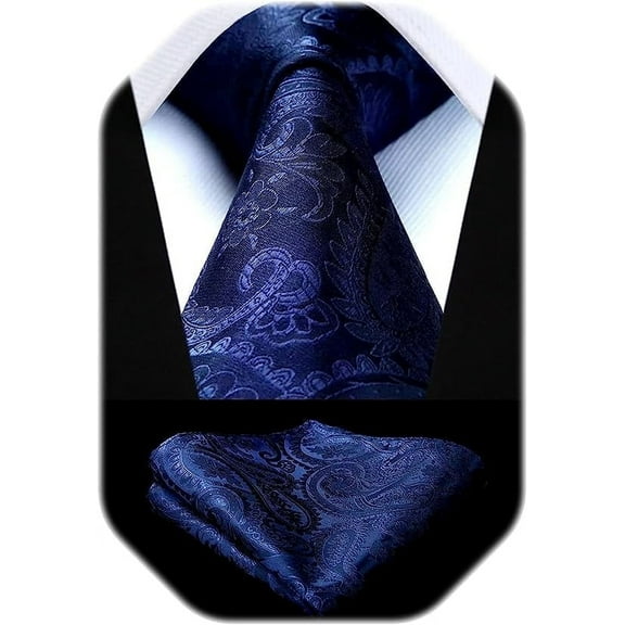 Navy Blue Tie Charcoal Ties for Men Solid Paisley Neckties and Pocket Squares Set for Weddings