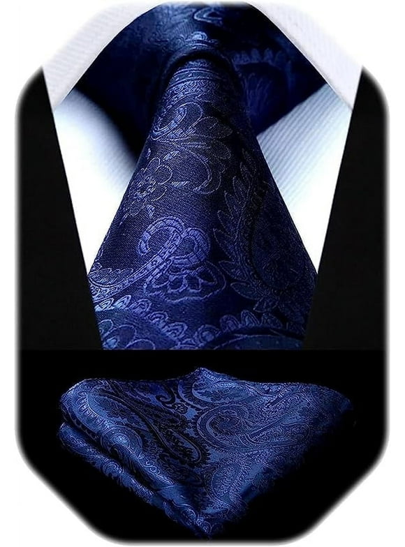 Navy Blue Tie Charcoal Ties for Men Solid Paisley Neckties and Pocket Squares Set for Weddings