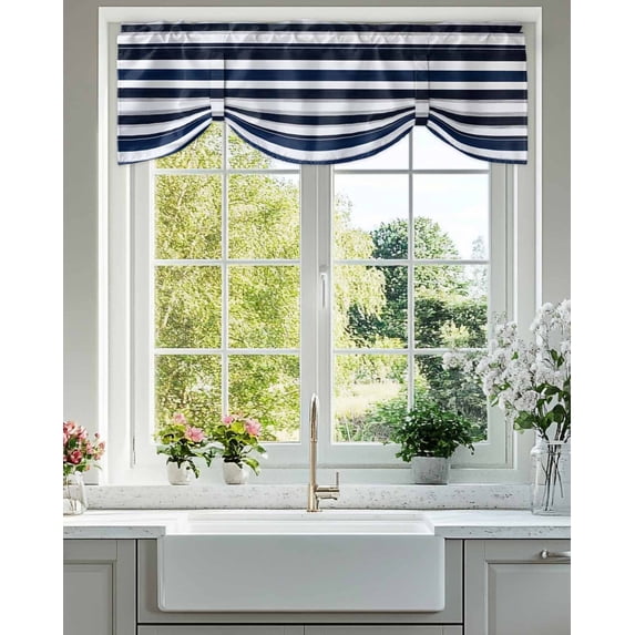 Navy Blue Tie Up Valances Curtain, Adjustable Kitchen and Black Stripe Abstract Geometric Striped Valances for Windows Decor, Rod Pocket Short Curtains Set for Bedroom/Bathroom, 42"x12"