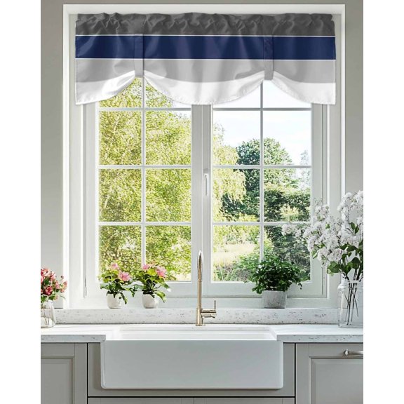 Navy Blue Tie Up Valances Curtain, Adjustable Kitchen Grey and White Striped Geometric Valances for Windows Decor, Rod Pocket Short Curtains Set for Bedroom/Bathroom, 42"x12"