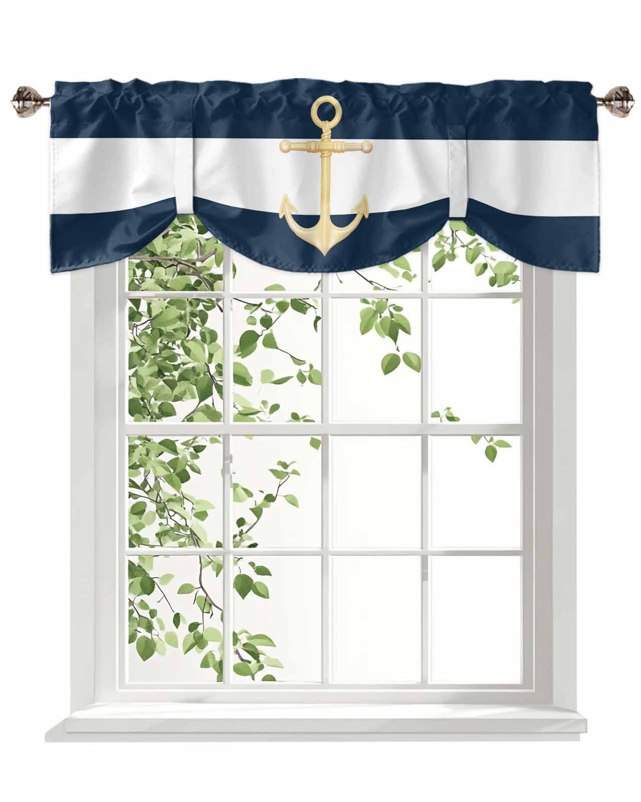 Navy Blue Tie Up Valances Curtain, Stripe Gold Anchor Pattern Kitchen Valances for Windows Decor, Rod Pocket Short Curtains Set for Bedroom/Bathroom, 54"x18"