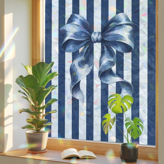 Navy Blue Tied Bow Window Privacy Film Rainbow Static Cling Stain Glass ...