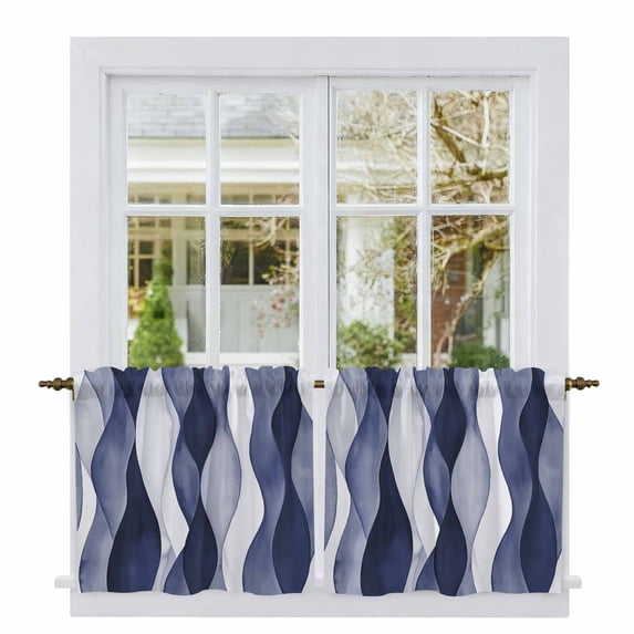 Navy Blue Tier Curtains, Modern Moire Abstract Ripple Geometric Light Filtering Kitchen Curtains, 2Pcs Rod Pocket Half Window Treatments Panels for Sink Cafe Cabinet Camper 27.5x36 Inches