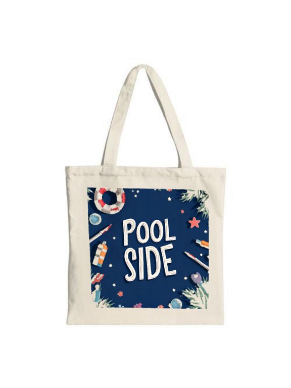 Navy Blue Tote Bag with ' POOL SIDE ' in bold white adorned with summer like a life preserver and beach ball perfect for travel and shopping