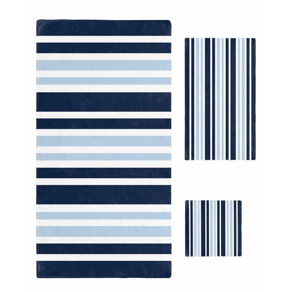 Navy Blue Towel Set of 3, Soft Microfiber Bath Towels, Hand Towel, Washcloths, Modern White Geometric Vertical Stripes Quick-Dry Absorbent Towels for Bathroom Kitchen Hotel Beach Gym Spa