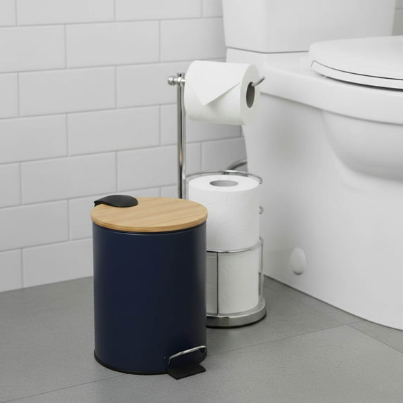 Navy Blue Trash Can with Bamboo Lid and Pedal, 2.5L Capacity