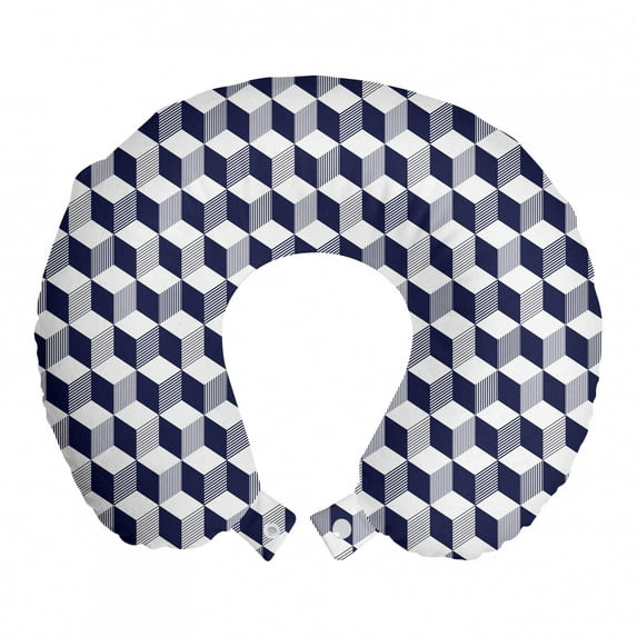 Navy Blue Travel Pillow Neck Rest, Abstract Cube Shape Striped Geometric 3 Dimension Pattern Squares and Lines, Memory Foam Traveling Accessory Airplane and Car, 12", Night Blue, by Ambesonne