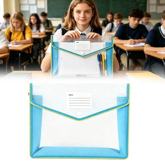 Navy Blue Trim A4 Waterproof File Pouch, 33x24.5cm/13x9.6in Business Transparent Document Envelope, Snap Closure Storage Bag for Office Filing & Craft Stationery, 1Pcs