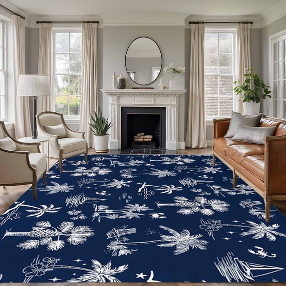 Navy Blue Tropical Plant Area Rugs 5'x7', Washable Small Throw Rugs for Laundry Room Playroom, Summer Coconut Trees Coastal Indoor Outdoor Rug Non-Slip Low Pile Carpet Runner Reversible Floor Mats
