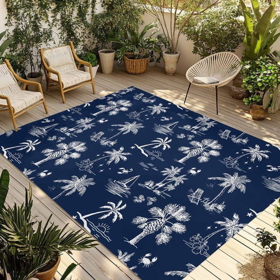 Navy Blue Tropical Plant Outdoor Rug for Patio/Deck/Porch, Non-Slip Large Area Rug 4 x 6 Ft, Summer Coconut Trees Coastal Indoor Outdoor Rugs Washable Area Rugs, Reversible Camping Rug Carpet Runner