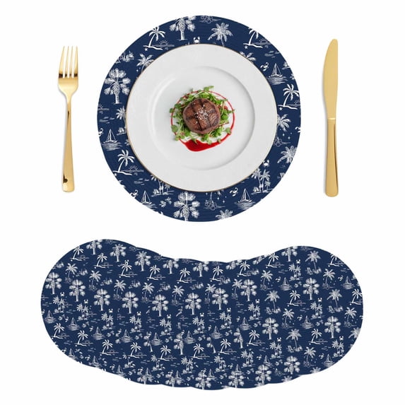 Navy Blue Tropical Plant Round 15 Inch Placemats Set of 8, Summer Coconut Trees Coastal HeatResistant Non Slip Place Mats for Dining Table, Wipeable Braided Kitchen Table Mats for Housewarming