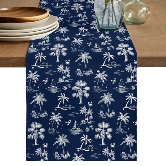 Navy Blue Tropical Plant Table Runner 72 Inches, Summer Coconut Trees Coastal Bed Runner Dresser Scarves Tabletop for Indoor Outdoor Parties/Ceremony/Banquet, 14" x 72"
