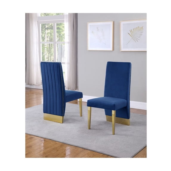 Navy Blue Tufted Velvet Accent Side Chairs with Gold Chrome Detailing (Set of 2)
