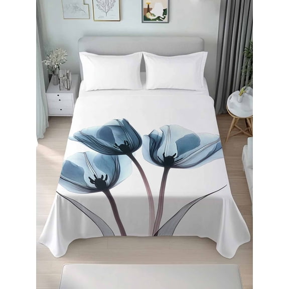 Navy Blue Tulip California King Size Flat Sheet, Wrinkleproof & Fadeproof Cooling Flat Bed Sheet Only, Watercolor Farmhouse Floral Botanical Breathable Soft Bedding Top Sheets 108 x 98 Inches