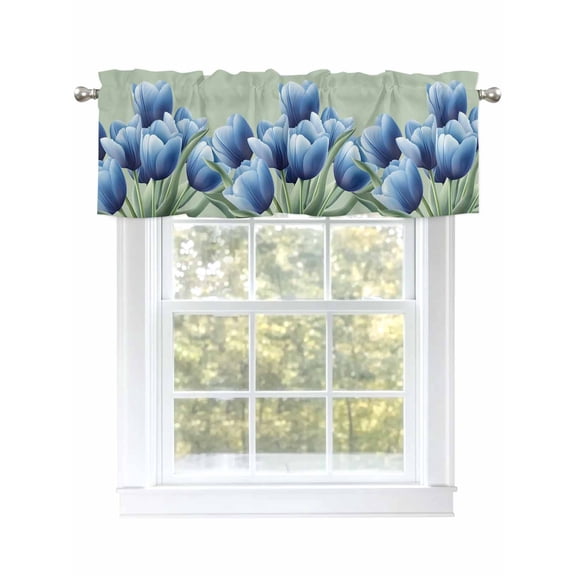 Navy Blue Tulip Curtain Valances for Windows, Chic Elegant Flowers Botanical Sage Green Kitchen Valance Window Treatment, Light Filtering Block Curtains for Bathroom/Bedroom/Living Room 42'' x 18''