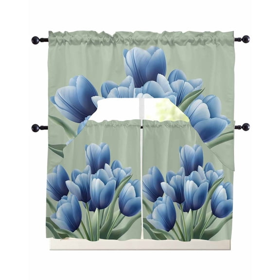 Navy Blue Tulip Kitchen Curtains Swag Valance and Tier Curtains Set 24 Inch Length, Chic Elegant Flowers Botanical Sage Green Rod Pocket Drape Panels Pair Swag Curtain for Bathroom/Cafe/Window