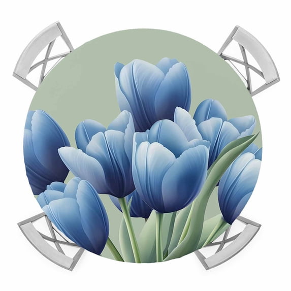 Navy Blue Tulip Round Tablecloth for 36-44 Inch Tables,Fitted Table Cover with Elastic Edge,Chic Elegant Flowers Botanical Sage Green Waterproof Outdoor Table Cloth Protector for Patio Garden Dinner