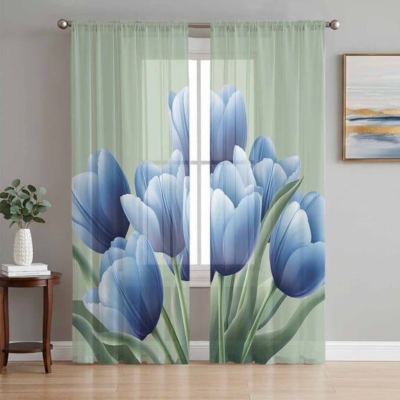 Navy Blue Tulip Sheer Curtains 63 Inch Length 2 Panels Set, Chic Elegant Flowers Botanical Sage Green Voile Window Treatment Curtains Sheers Drapes for Bedroom/Living Room/Kitchen 52x"63"x2