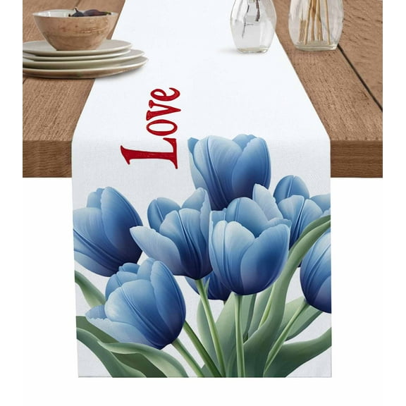 Navy Blue Tulip Table Runner 48 Inches, Luxury Farmhouse Botanical Flowers Bed Runner Dresser Scarves Tabletop for Indoor Outdoor Parties/Ceremony/Banquet, 13" x 48"
