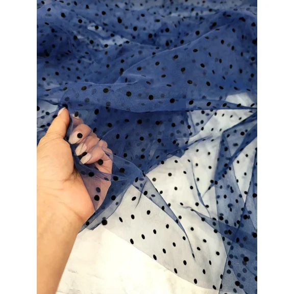 Navy Blue Tulle Black Velvet Polka-Dot Fabric Sold By The Yard For Dress