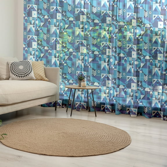 Navy Blue Tulle Curtains with Rod Pocket, Contemporary Geometric Mosaic with Rich Modern and Abstract Shapes, Sheer Drape for Wedding Party 2 Panels, 7 Sizes, Violet Pale Blue White, by Ambesonne