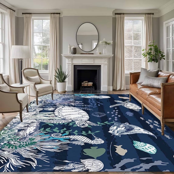 Navy Blue Turtle Coastal Area Rugs 5'x8', Small Throw Rugs for Classroom Bedroom, Nautical Summer Beach Coral Jellyfish Indoor Outdoor Rug Non-Slip Low Pile Carpet Runner Reversible Floor Mats