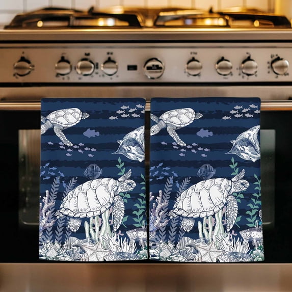 Navy Blue Turtle Coastal Kitchen Towels Set of 4, Nautical Summer Beach Coral Jellyfish Absorbent Dish Towels for Kitchen, Microfiber Hand Towel, Quick Drying Tea Towel for Cleaning Dishcloths