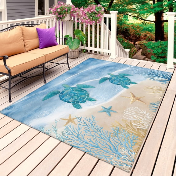 Navy Blue Turtle Coastal Outdoor Rug for Patio/Deck/Porch, Non-Slip Large Area Rug 6 x 9 Ft, Waves Seaside Summer Beach Ocean Indoor Outdoor Rugs Washable Area Rugs, Camping Rug Carpet Runner
