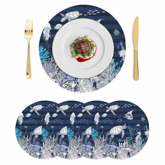 Navy Blue Turtle Coastal Round 13 Inch Placemats Set of 4, Nautical Summer Beach Coral Jellyfish HeatResistant Non Slip Place Mats for Dining Table, Wipeable Kitchen Table Mats for Housewarming