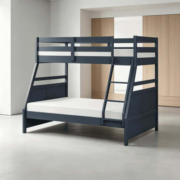 Navy Blue Twin Over Full Bunk Bed with Guard Rails, Sturdy Wood Frame Space Saving Bunkbed for Bedroom
