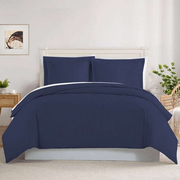 Navy-Blue Twin/Twin-XL ( 68" x 90" ) Size 100% Cotton Duvet Set, 800 Thread Count, Stripe Pattern, 1-Piece Comforter Cover with Zipper Closure & 2-Pillow Shams– Hotel Quality, All-Season