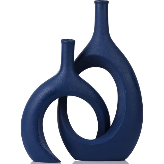 Navy Blue Unique Hollow Bud Vases Set of 2Modern Snle and Huging Style Ceramic Vase for Pampas Grass Living Room Decorations for Fireplace Coffee Table Centerpiece Mantle Bookshelf Decor