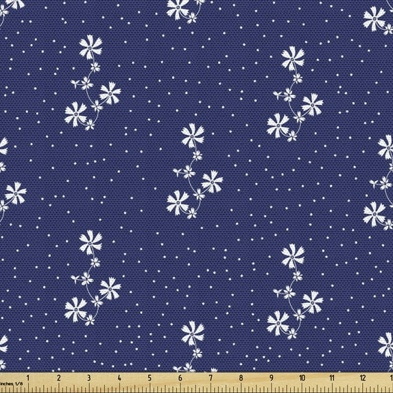Ambesonne Country Fabric by the Yard Upholstery, Floral Pattern and Dot, 5 Yards, Navy and White