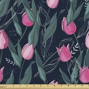 Ambesonne Navy Blue Fabric by the Yard Upholstery, Tulip Flowers Drawing, 1 Yard, Indigo Pink Dark Teal