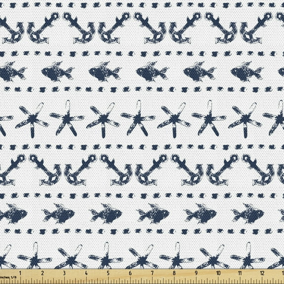 Ambesonne Navy Fabric by the Yard Upholstery, Anchor Starfish Sea Life, 2 Yards, Navy and White