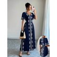 thumbnail image 1 of Navy Blue V-Neck Embroidered A-Line Maxi Dress With Short Sleeves And Self-Tie Waist, 1 of 6