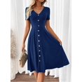 thumbnail image 1 of Navy Blue V-Neck Short Sleeve Fit & Flare Midi Dress With Gold-Tone Button Front, 1 of 7