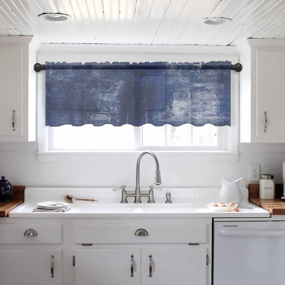 Navy Blue Valance Curtains for Kitchen/Living Room/Bathroom/Bedroom Window,Retro Oil Painting Modern Abstract Art Aesthetics Rod Pocket Small Topper Half Short Window Curtains Sheer Scarf 54"x18"