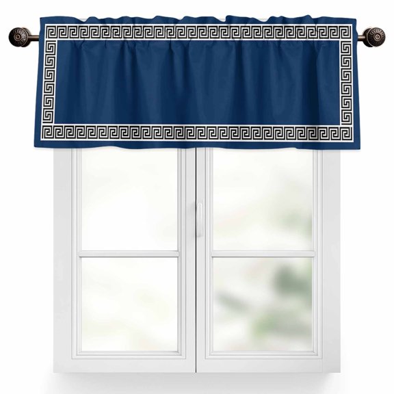 Navy Blue Valances for Windows, 42 x 18in, Greek Chinese Style Border Geometric Rod Pocket Kitchen Valance Curtain Light Filtering Window Treatments for Living Room Bedroom, 1 Panel