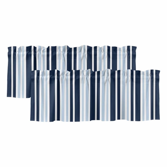 Navy Blue Valances for Windows, Decorative Rod Pocket Window Valance Curtains, Modern White Geometric Vertical Stripes Short Curtain Drapes for Kitchen/Bathroom/Living Room, 2 Panels, 42" W x 12" L